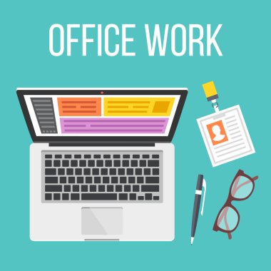 Office iş düz illüstrasyon. Üstten Görünüm. Yaratıcı vektör çizim