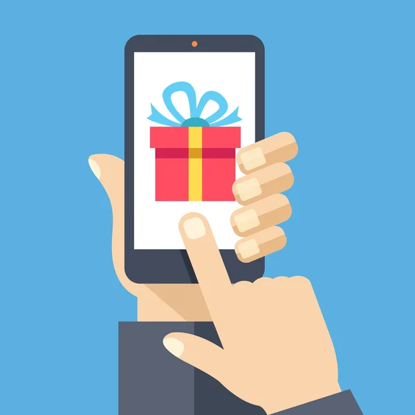 Geschenk app op smartphone scherm. Creatieve platte ontwerp vectorillustratie — Stockvector