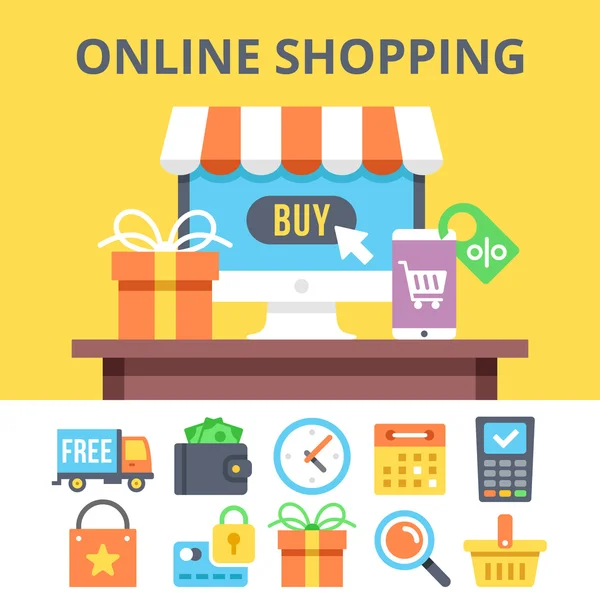 Compras on-line ilustração plana e ecommerce conjunto de ícones planos — Vetor de Stock