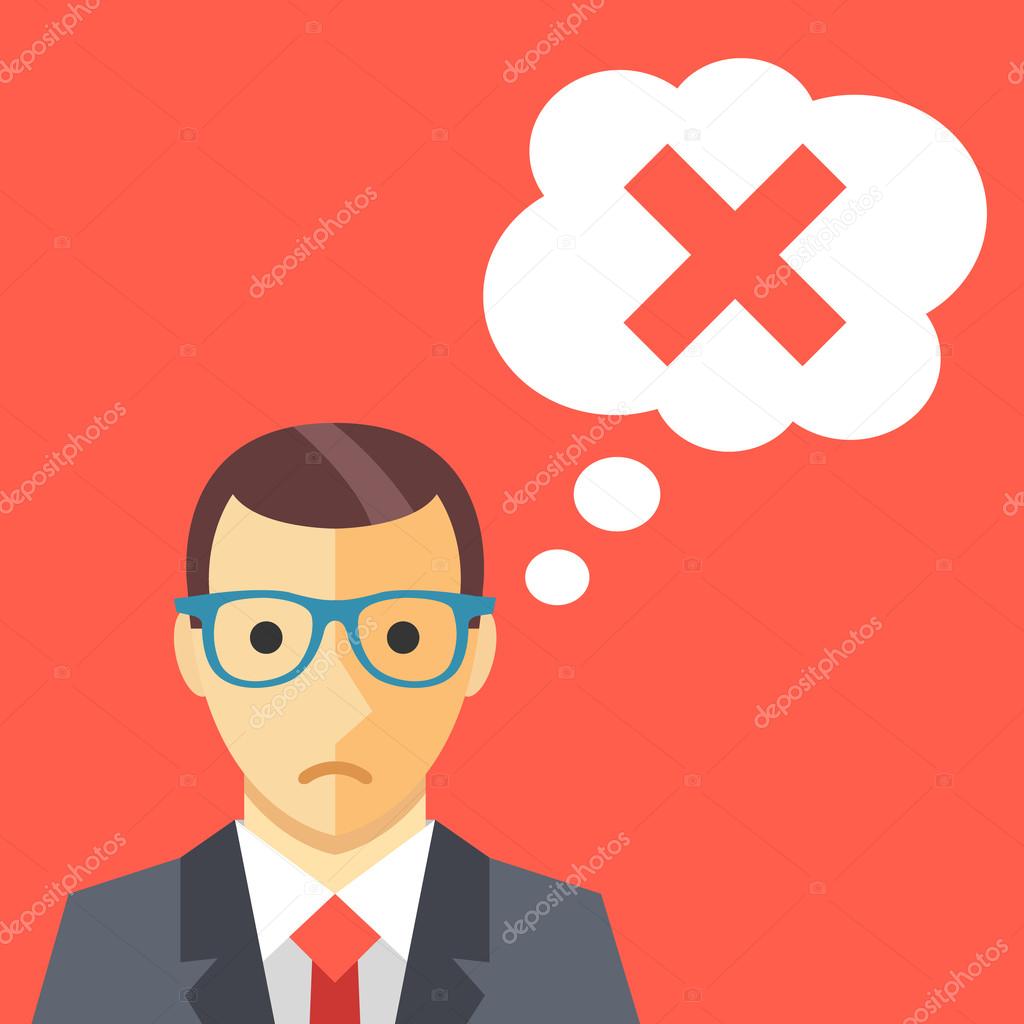 Sad man and thought bubble with cross mark flat illustration
