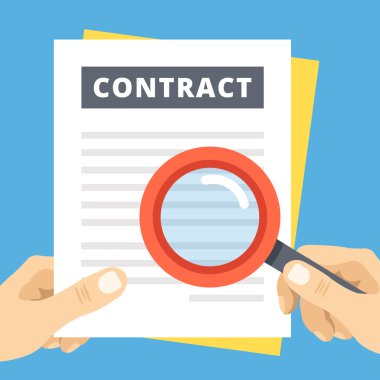 Contract review flat illustration. Hand with magnifier over contract page clipart