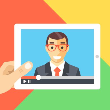 Online konferans, online dersler, webinar video düz illüstrasyon izlemek,