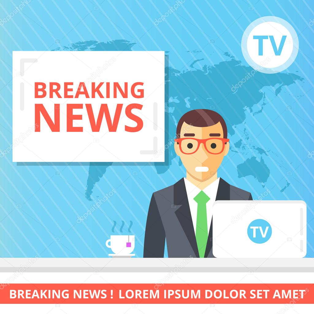 Breaking news flat illustration concept. Newscaster in the television studio