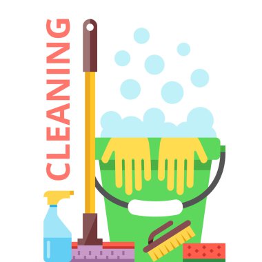 Düz illüstrasyon temizlik. Bahar Temizlik ve temizlik hizmeti kavramı