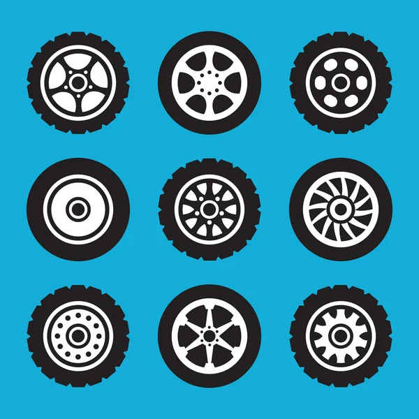 Pneus et roues icônes ensemble. Ensemble d'icônes vectorielles — Image vectorielle