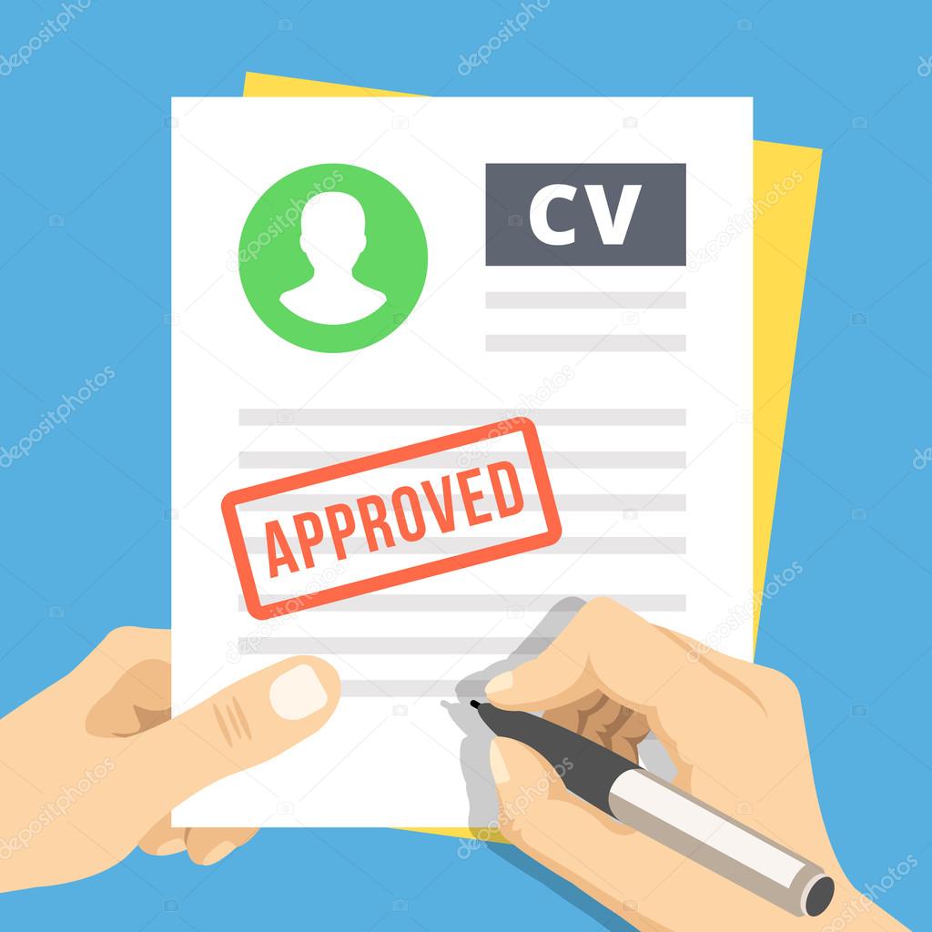 CV approved. Hand with pen sign a job application