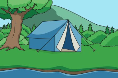 River Side 'da Dağ, Çalılıklar ve Ağaçlar Manzaralı Mavi Çadır' da kamp yapmak. Geçmişi. Çocuk kitabı illüstrasyonu. Vektör İllüstrasyonu