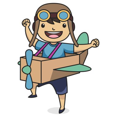 Kartondan yapılmış oyuncak uçakla oynayan Pilot Şapkalı Çocuk Karakteri. Çocuk kitabı illüstrasyonu. Vektör.