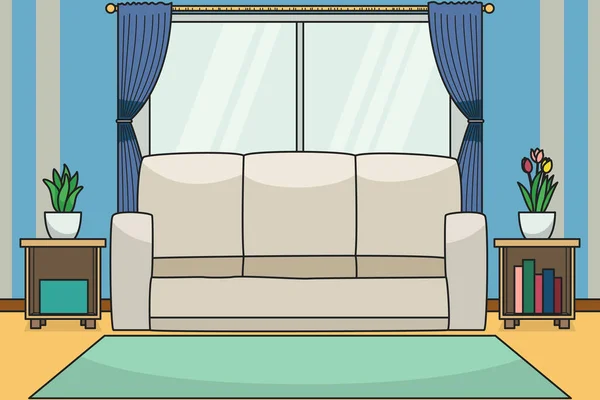 Cozy Living Room Sofa Carpet Blue Wallpaper Background Children Book — Διανυσματικό Αρχείο