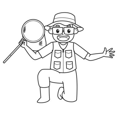 Babam balıkçı ağlarını tutuyor. Karakter. Siyah ve Beyaz İllüstrasyon. Boyama kitabı illüstrasyonu. Vektör İllüstrasyonu