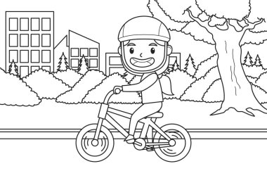 Bisikletiyle şehir parkında oynayan bir kız. Etrafı ferahlatan manzaralı. Siyah beyaz arka plan. Boyama kitabı illüstrasyonu. Vektör.