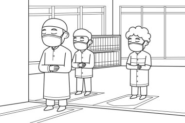 İmam ve iki Makmum camide maskeli ve sosyal mesafeli bir şekilde namaz kılıyorlar. Vektör İllüstrasyonu. Renklendirme Kitabı İllüstrasyonu.