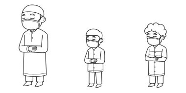 İmam ve Makmum Karakterleri Yüz Maskesi Giyiyor. Vektör İllüstrasyonu. Renklendirme Kitabı İllüstrasyonu.