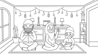 Corona virüsü salgını, Müslüman aktivitesi ve dua sırasında çocuklar müslüman oluyor, çocuklar kutsal kitap Müslümanları okuyor, maskeler ve sağlık protokolleri kullanıyorlardı. vektör çocuk resimleme kitabı