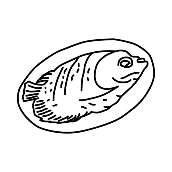 Ikan Bakar Izgara Balık Endonezya Gıda Eli Çizim Simgesi Vektörü — Stok Vektör