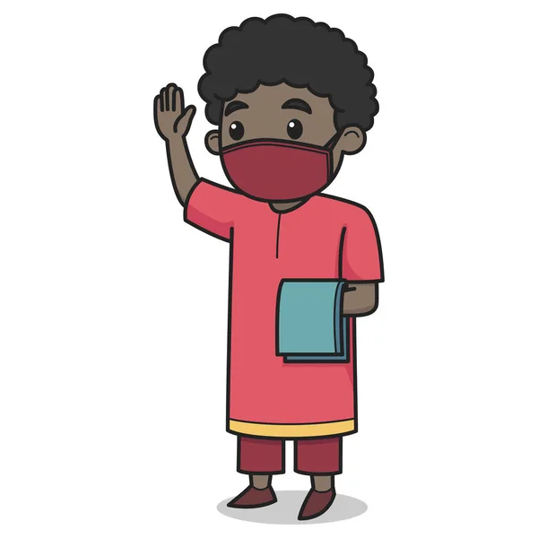 African Muslim Boy Character Wearing Face Mask Vector Illustration Children — Stock Vector
