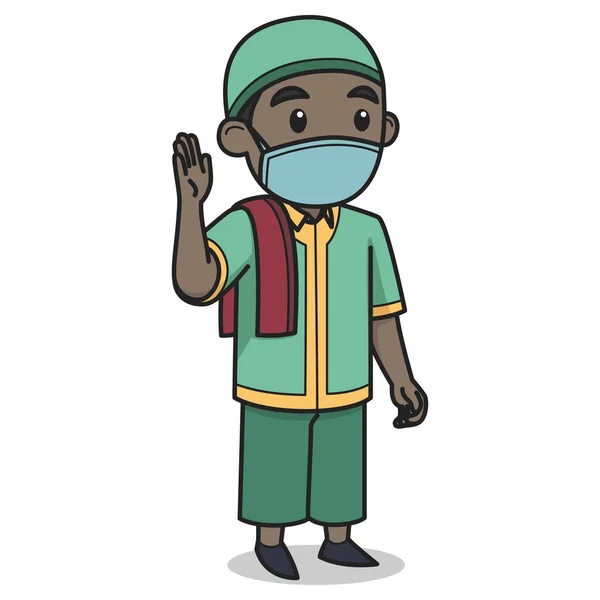 African Muslim Boy Character Wearing Face Mask Cap Vector Illustration — Stock Vector