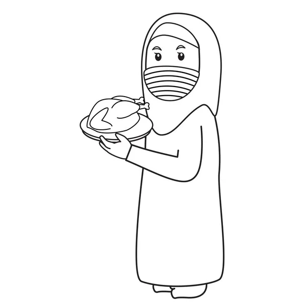 Muslim Woman Mother Use Blue Shirt Ramadan Night Bring Chicken — Stock Vector