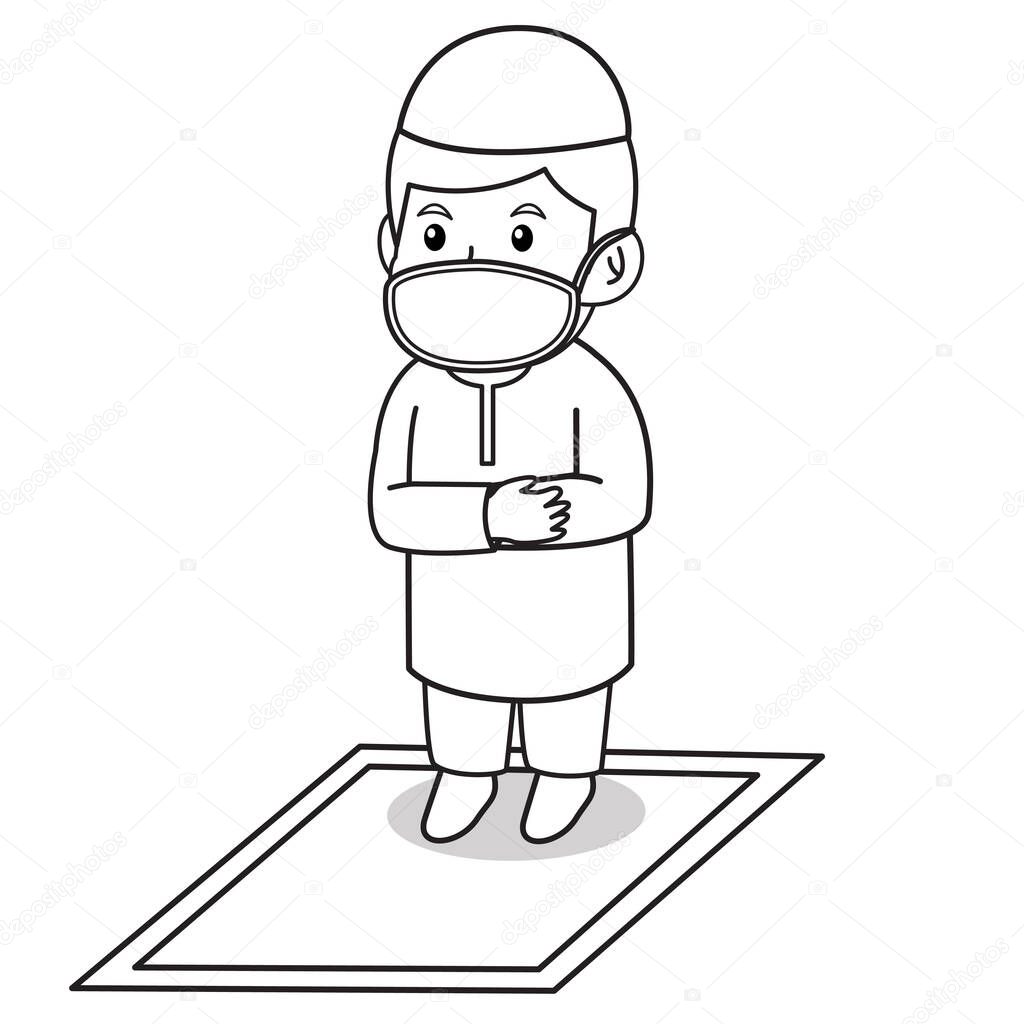 Muslim boy use red dress traditional muslim. tarawih praying in ramadan month, using mask and healthy protocol.Vector character illustration.