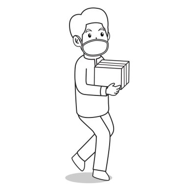 Müslüman adam kırmızı elbise geleneksel Müslüman. Maske ve sağlıklı protokol kullanılarak Ramazan ayında başka bir Müslüman 'a bağış yapıldı. Vektör karakter illüstrasyonu.