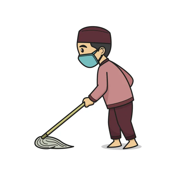 Boy Characters Mopping Wearing Face Masks Vector Illustration Children Book — Stock Vector