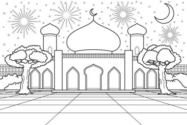 Arka planda ay ışığı ve havai fişek olan cami avlusu. Vektör İllüstrasyonu. Renk Kitabı.