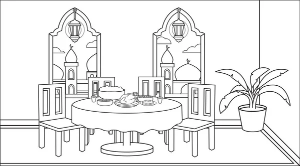 Hintergrund Muslimische Familie Religiösen Speisesaal Während Iftar Party Und Viel — Stockvektor