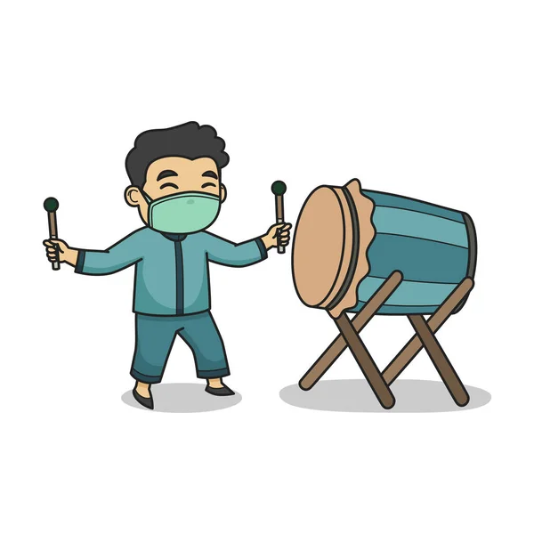 Boy Character Blue Dress Play Mosque Drum Wearing Face Mask — Stock Vector