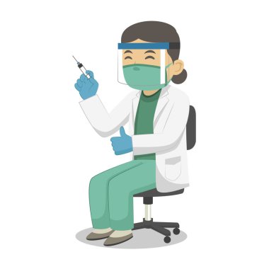 Doktor Karakteri Aşı Süreci 'ni yaparken yüz maskesi takıyor. Çocuk kitabı. Vektör İllüstrasyonu.