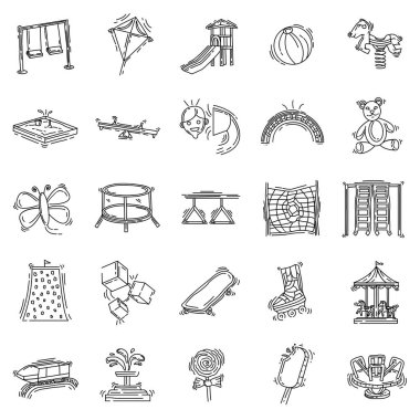 Çocuk parkı ikonu seti, oyun, çocuklar, anaokulu. El çizilmiş simge seti, taslak siyah, karalama simgesi, vektör simgesi tasarımı.