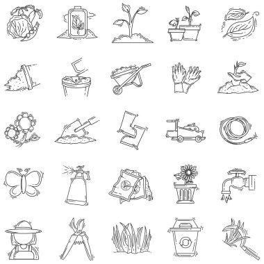Bahçıvanlık el çizimi simgesi seti, taslak siyah, karalama simgesi, vektör simgesi tasarımı.