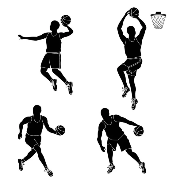 Set Basketball Players Throwing Ball Isolated White Background Vector Illustration — Stock Vector