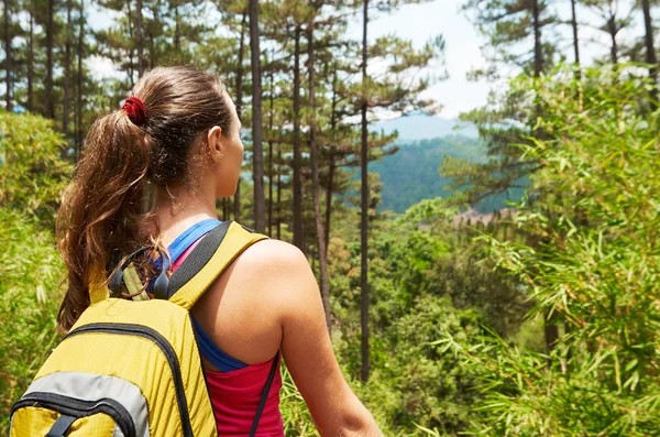 Jovem turista com uma mochila em pé no topo do monte — Fotografia de Stock