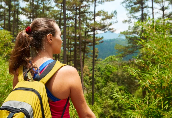 Mulher turista com uma mochila em pé no topo da montanha um — Fotografia de Stock