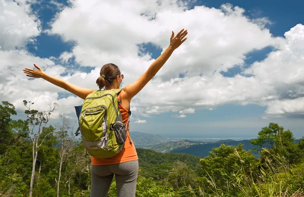 Mulher viajante com mochila desfrutando vista montanhas — Fotografia de Stock