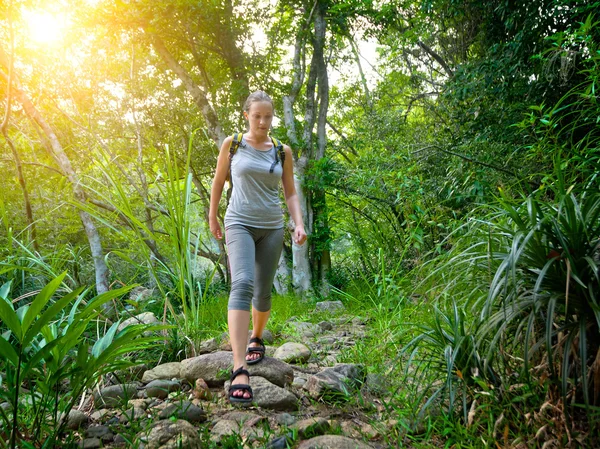 Lány turisztikai egy hátizsák, séta az ösvényen a dzsungelben hazug — Stock Fotó