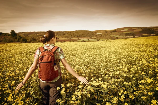 Молодая женщина турист прогулки на фоне цветных полей . — стоковое фото