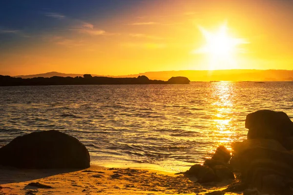 Zachód Słońca Goldens Plaży Area Secada Wyspie Arousa Obrazek Stockowy