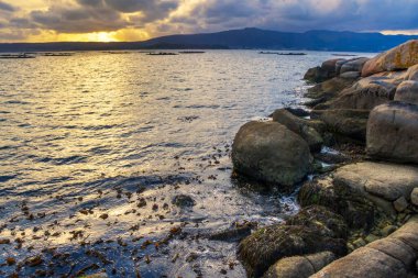 Arousa Adası kıyılarında fırtınalı günbatımında kayalar ve yosunlar