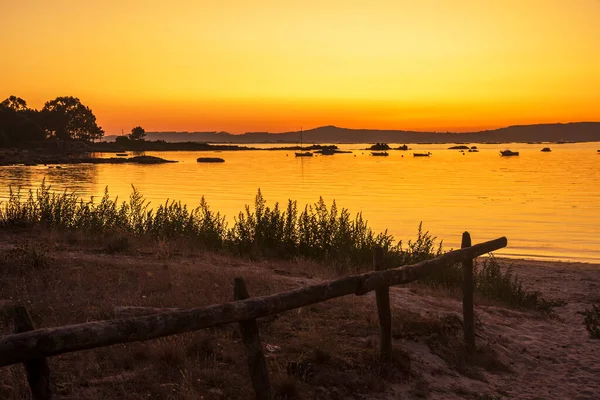 Fenced Coastal Dune Espineiro Beach Golden Dusk Arousa Island Galicia — Stock Photo, Image