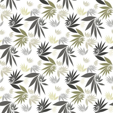 Kenevir pürüzsüz desen. Marihuana yaprağı, gri ot bitkisi. Haşhaş dokusu, izole edilmiş beyaz arka plan. Kenevir sanrı otu. Tıbbi duvar kağıdı için kumaş baskısı. Basit bir tasarım. Vektör illüstrasyonu