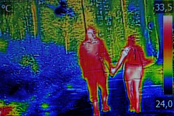 Couple image thermique marchant dans les bois — Photo