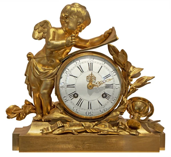 Old Vintage Gilded Table Clock Angel Isolated White Backgroun — Stock Photo, Image