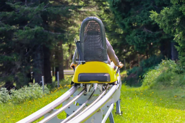 Young Girl Enjoying Summer Fun Roller Alpine Coaster Ride Rogla — Stock Photo, Image