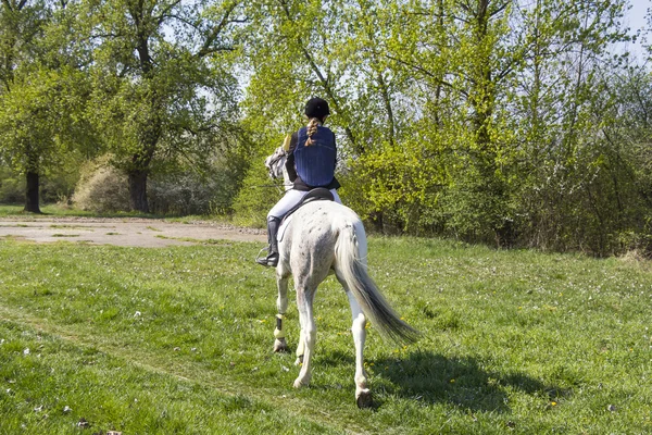 Jovem mulher equitação — Fotografia de Stock