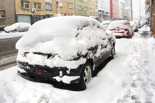 Carros estacionados cobertos de neve — Fotografia de Stock