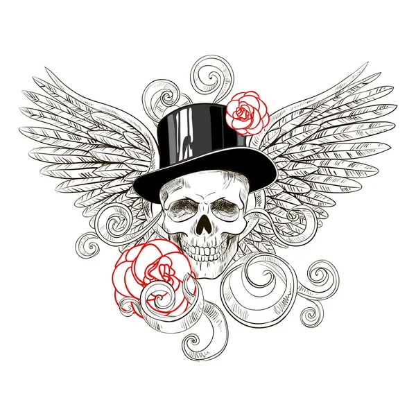 Calavera en sombrero con rosas en alas — Vector de stock