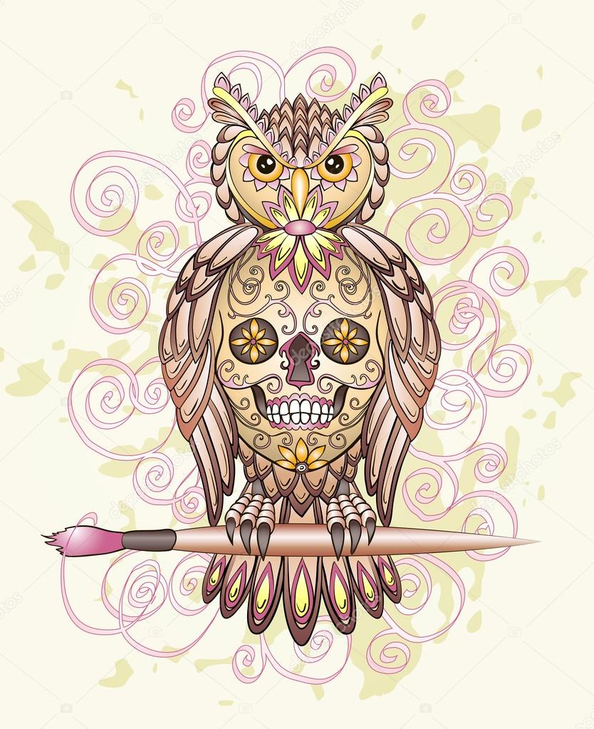 Owl with Mexican skull