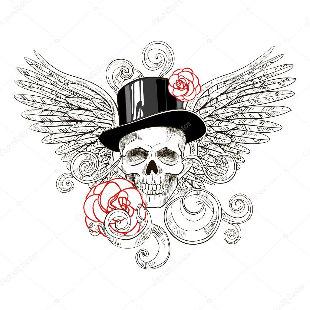 Skull in hat with roses on wings