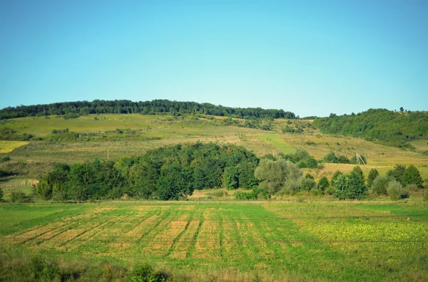 Beautiful view of fields and mountains in the background of the blue sky — Stock Photo, Image